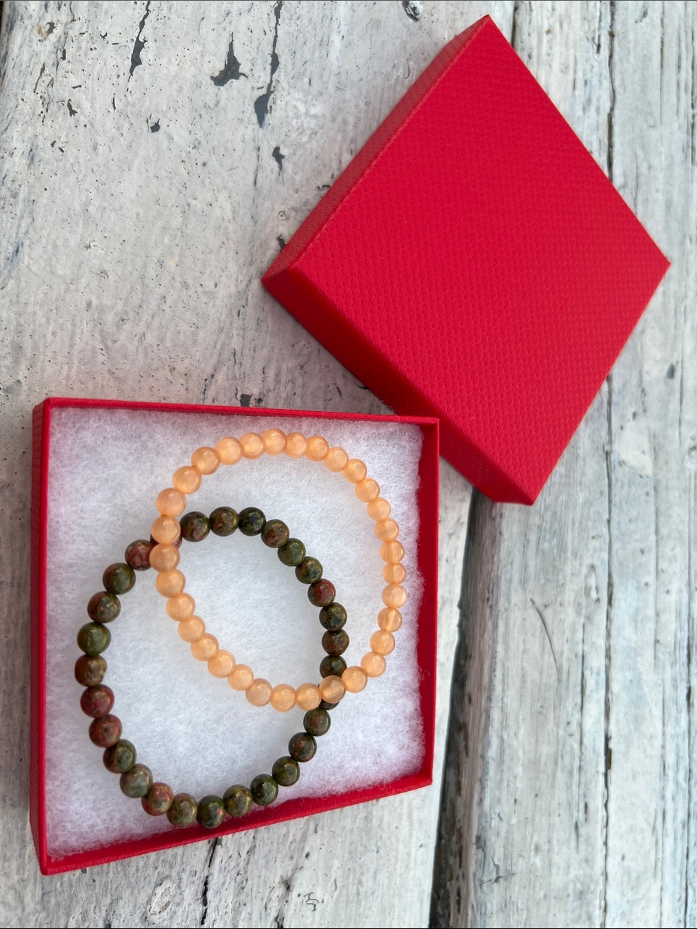 Peach and Olive Stone Beaded Bracelet Set